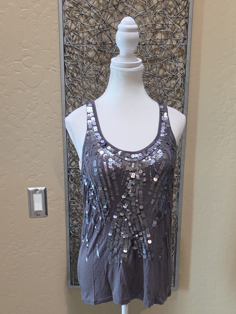 Filtre Sequin Scoop Neck Women's Knit Dressy Tank In Dark Gray